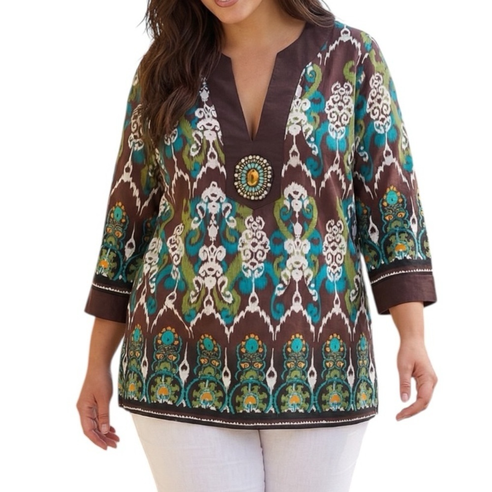 Kim Rogers 1X Brown Turquoise Ikat Boho Beaded Tunic Resortwear Coastal Grandma